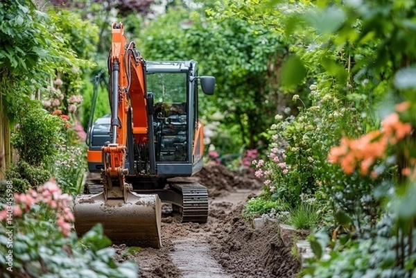 Fototapeta  Mini excavator in tight garden space, maneuvering between blooming bushes and narrow path, orange machine stands out in lush green suburban surroundings.