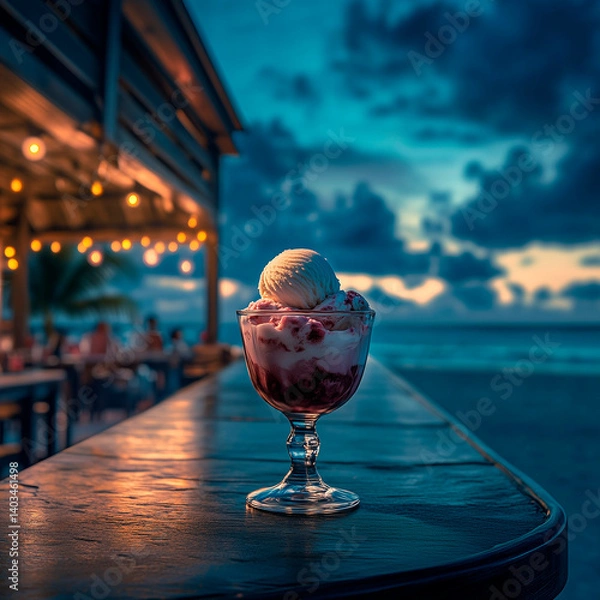 Obraz bright tasty ice cream in a glass cup standing on the bar counter of a beach bar