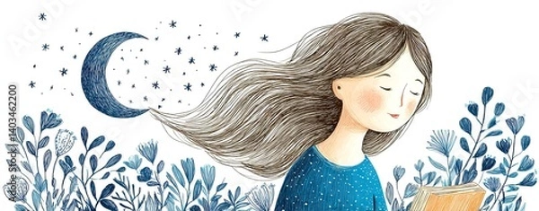 Fototapeta Illustration sketching art style Girl reading under a starry night sky. soft mood dreamy story