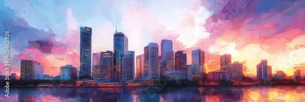 Fototapeta Vibrant Brisbane Skyline at Sunset: A Mesmerizing Cityscape Showcasing Architecture and Bridges
