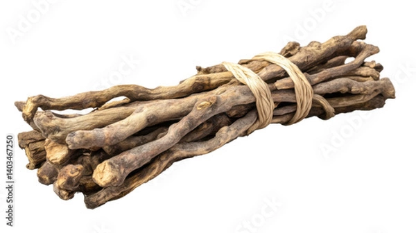 Fototapeta Licorice Root Bundle: A bundle of dried licorice roots, tightly bound together, showcasing the natural texture and earthy tones of the herb in a captivating high-angle shot.