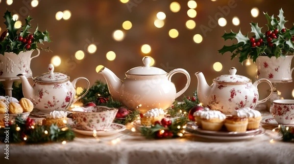 Fototapeta A whimsical Christmas tea party table adorned with festive china, fresh holly, an assortment of pastries, and twinkling fairy lights