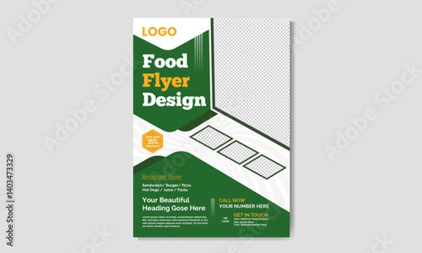 Obraz Modern and minimalist A4 size food flyer restaurant Vector template design. Marketing social media post. multiple food new menu design. New clean food  flyer  design with abstract shapes.