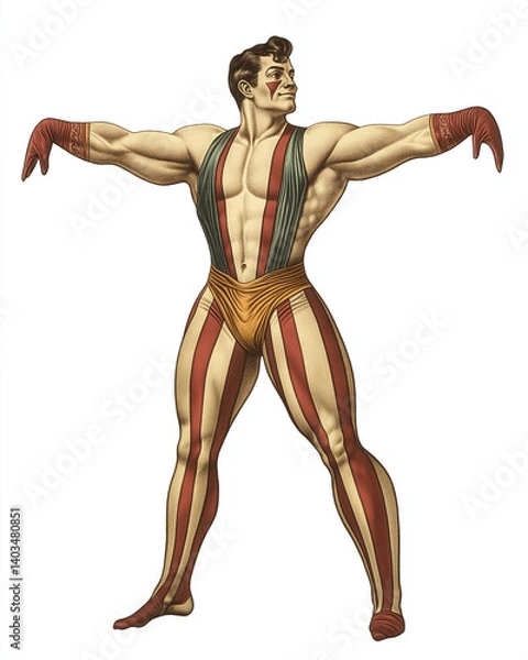 Fototapeta Victorian-style Circus themes illustration full body of Freak Strongman show gymnastic, on a white background, very detailed with vintage colors.