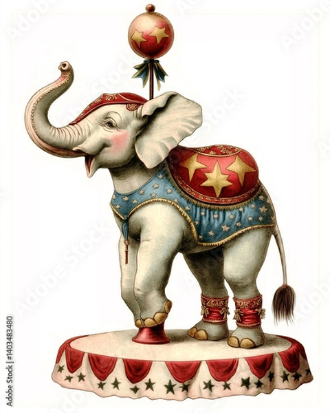 Obraz Victorian-style Circus themes illustration full body of elephant dumbo stand on balloon and stage show, on a white background, very detailed with vintage colors