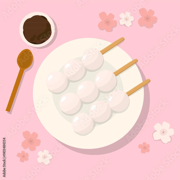 Fototapeta Ilustration vector ofTraditional Japanese dessert Dango. Hanami Dango dessert on a plate. Design element for banner, poster, restaurant menu. Vector illustration, 