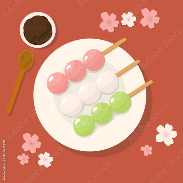 Fototapeta Vector ilustration of Traditional Japanese dessert Dango. Hanami Dango dessert on a plate. Design element for banner, poster, restaurant menu. Vector illustration