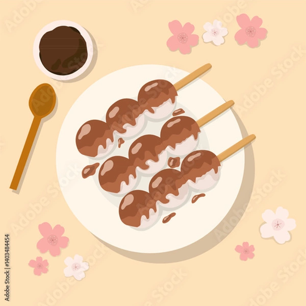 Fototapeta Traditional Japanese dessert Dango with soy sauce. Hanami Dango dessert on a plate. Design element for banner, poster, restaurant menu. Vector illustration