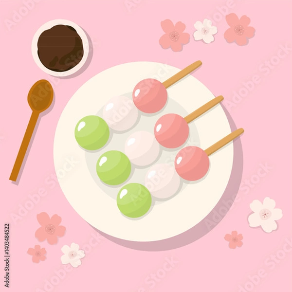 Fototapeta Traditional Japanese dessert Dango in the plate,Hanami Dango dessert on a plate. Design element for banner, poster, restaurant menu. Vector illustration 