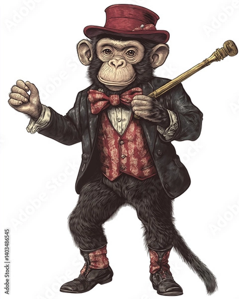Obraz Victorian-style Circus themes illustration full body of monkey show, on a white background, very detailed with vintage colors