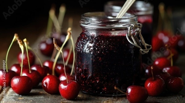 Fototapeta Delicious homemade cherry jam displayed in jars placed on a wooden surface with fresh cherries around, perfectly capturing the rustic charm and sweetness of the fruit.