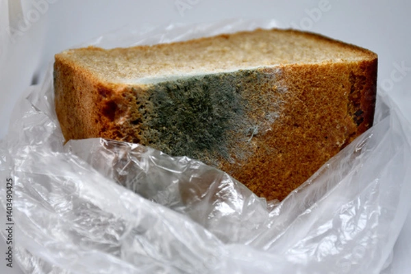 Fototapeta Moldy rye bread in close-up on a light background. Bread, unsuitable for food. Mold due to improper storage of the product. Mold stains on bread. Selective focus.