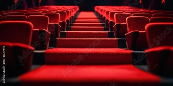 Fototapeta Rows of plush red seats leading to the stage in a dimly lit theater before a performance starts
