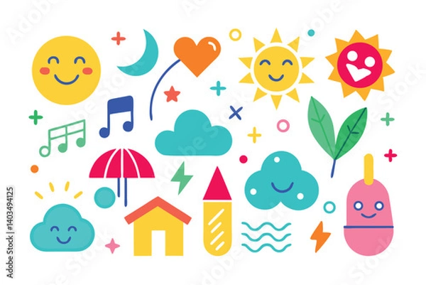 Fototapeta Colorful Weather Icons on White Background with Sun, Cloud, Moon, Heart and More