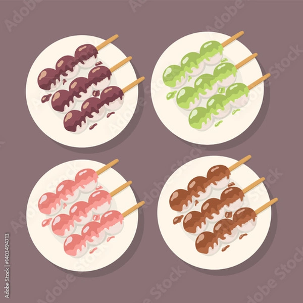 Fototapeta Traditional Japanese dessert Dango with different flavor topping. Hanami Dango dessert on a plate. Design element for banner, poster, restaurant menu. Vector illustration