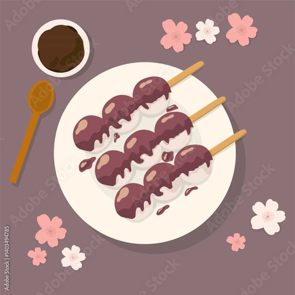 Fototapeta Traditional Japanese dessert Dango with red beans topping. Hanami Dango dessert on a plate. Design element for banner, poster, restaurant menu. Vector illustration