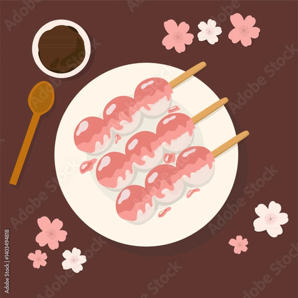 Fototapeta Traditional Japanese dessert Dango with strawberry flavor. Hanami Dango dessert on a plate. Design element for banner, poster, restaurant menu. Vector illustration