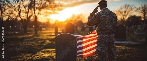 Obraz Soldier salutes sunset grave, flag draped; remembrance