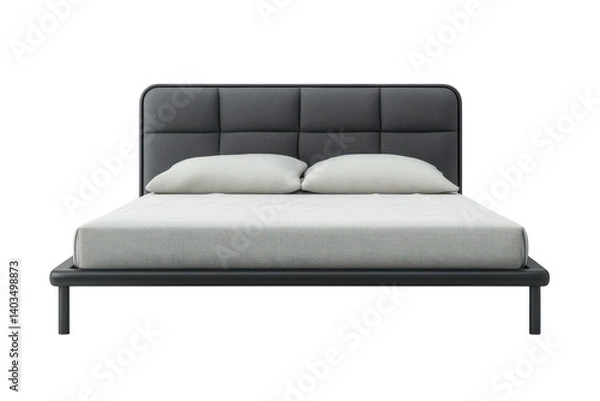 Obraz Modern gray upholstered bed frame with sleek black legs plush pillows and soft textured mattress