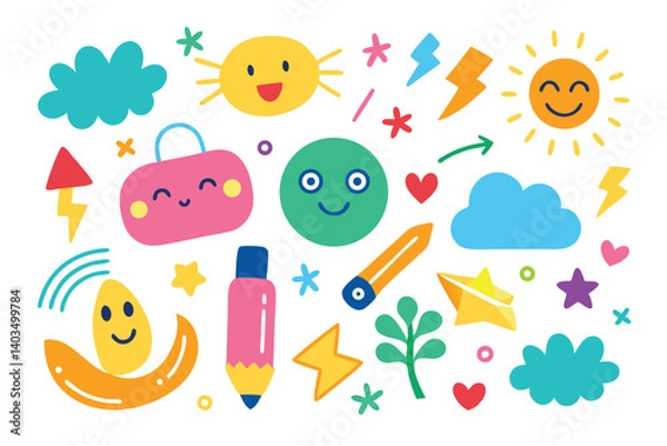 Fototapeta Playful Cartoonish Icons and Shapes Collection on Transparent Background