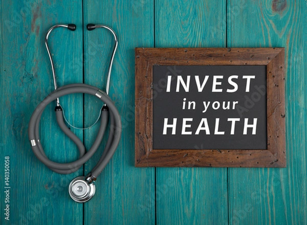 Fototapeta Blackboard with text "Invest in your health" and stethoscope on blue wooden background