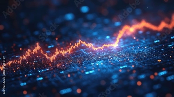 Fototapeta Abstract data visualization of a rising stock market trend.  Dynamic glowing orange line signifies strong growth on a digital grid backdrop