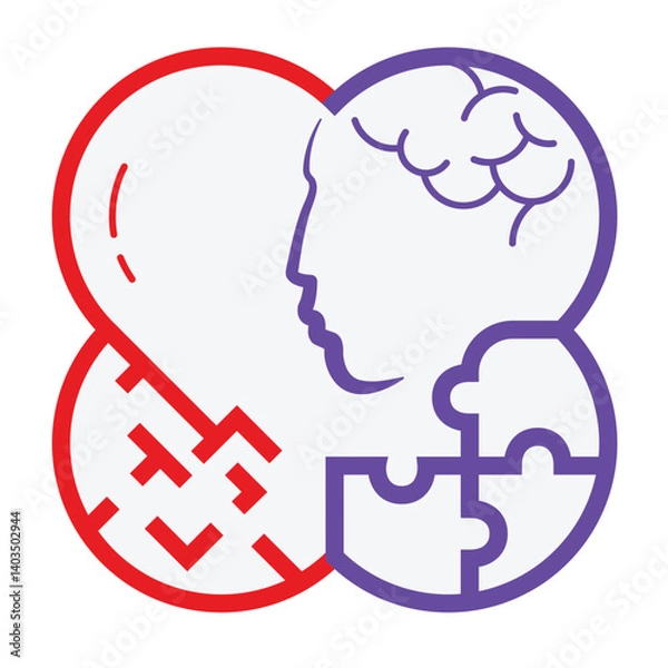 Obraz Abstract vector logo combining red heart and purple human head profile with brain, puzzle pieces, and maze. Perfect for concept of mental health, psychology, therapy, or problem-solving.