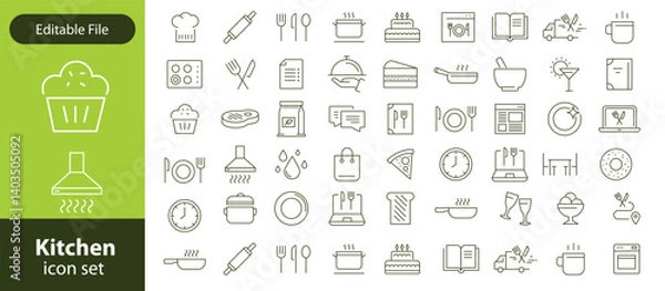 Fototapeta Kitchen Utensil icon set. Editable Stroke Icon Collection. Includes chopping board, cooking pots, frying pan, grater, kitchen scale, and More. Outline icons vector collection.