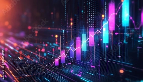 Fototapeta A colorful bar chart with increasing data points and arrows pointing upward, representing market growth.