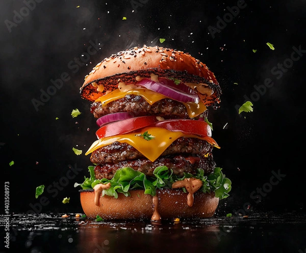 Obraz photo of big juicy burger with cheese, bepon, big beef patty, onion, tomato, sauce. Black background
