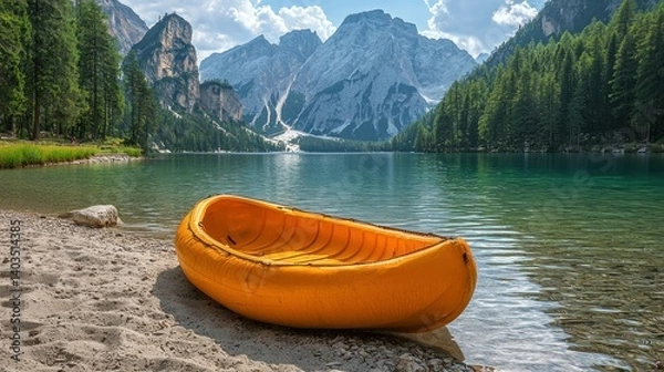 Fototapeta Serene Mountain Lake with Orange Canoe