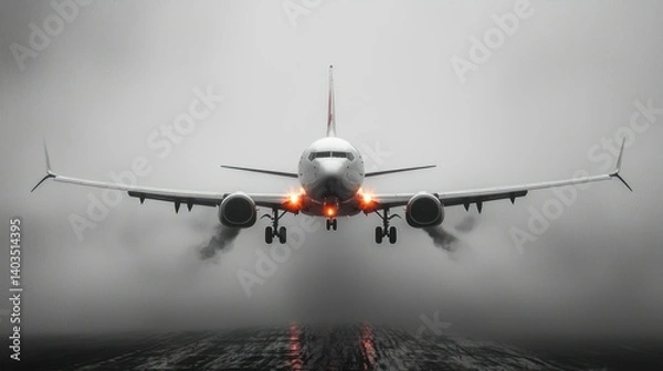 Fototapeta Boeing 737 Landing in Fog: A Dramatic Aerial View