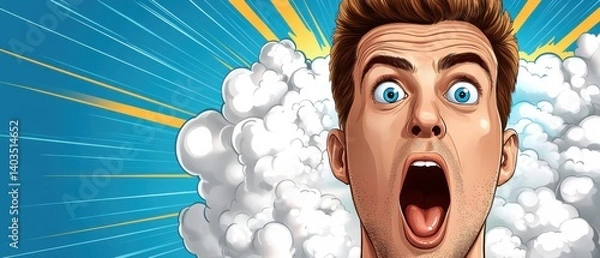 Fototapeta Close-up of an expressive, digitally illustrated male comic book character making an excited, dramatic expression with vibrant, surreal colors.