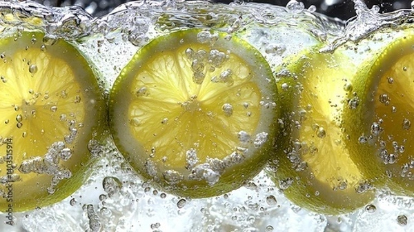 Fototapeta Refreshing Lemon Slices in Sparkling Water: A Vibrant Close-Up Photography