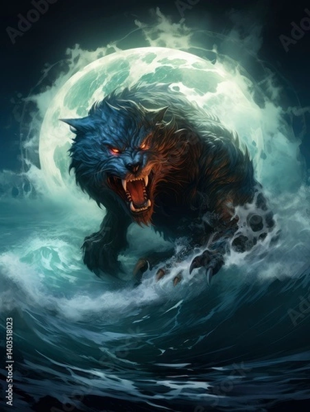 Fototapeta Ferocious Werewolf Emerging from the Ocean Under a Full Moon