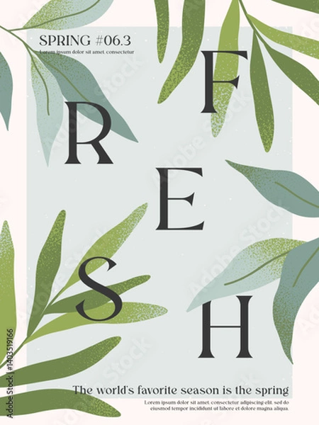 Fototapeta Spring elegant illustration with green plants.Modern typography banner template with fresh garden leaves.Creative seasonal background for holidays prints,invitations,promo offers,covers,greetings