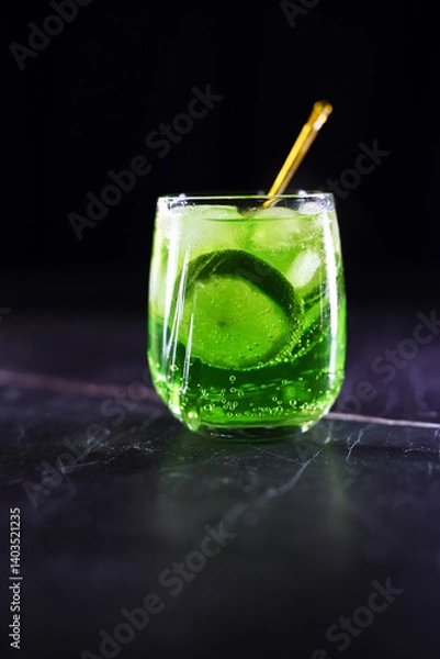 Obraz Mojito cocktail with lime wedges and ice on black background