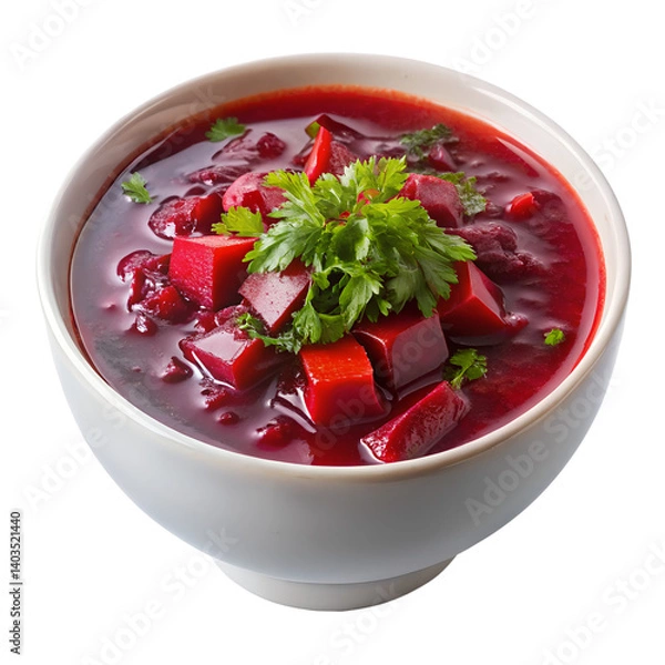 Fototapeta Fresh borscht bowl closeup view isolated on transparent background