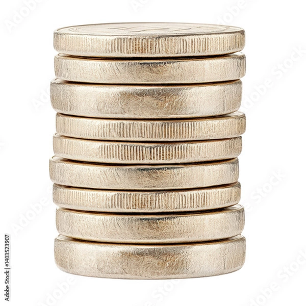 Fototapeta A neatly stacked arrangement of five silver coins displaying their shine and details on a plain background isolated on a white background.