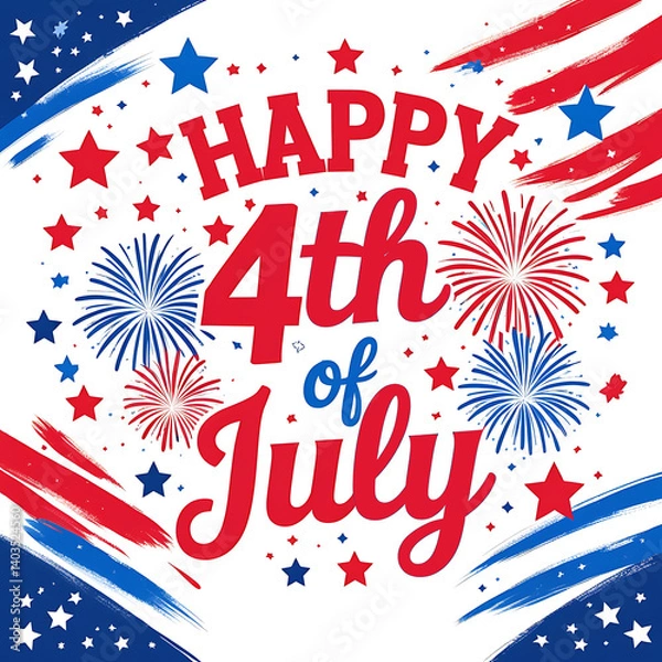 Fototapeta Happy 4th of July fireworks - Independence Day USA blue background. 4th of July, Independence day - greeting design with USA patriotic colors firework burst rays. Fourth July typography US flag