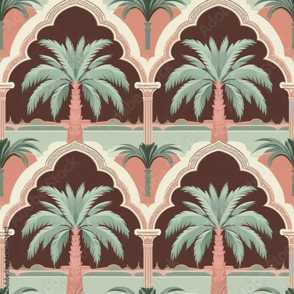 Obraz A repeating pattern featuring palm trees and decorative arches on a light background, Ai generated
