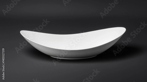 Fototapeta A white bowl with a curved shape sits on a black background.