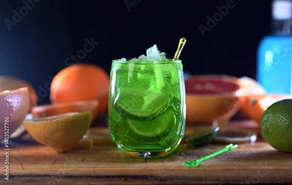 Obraz Mojito cocktail with lime wedges and ice on black background