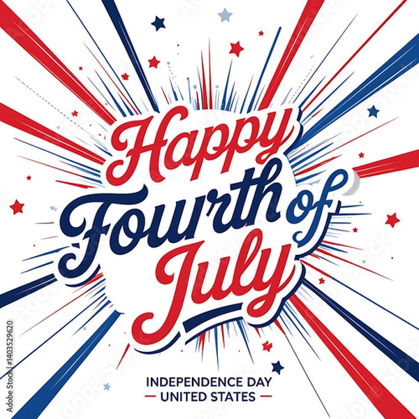 Fototapeta Happy 4th of July fireworks - Independence Day USA blue background. 4th of July, Independence day - greeting design with USA patriotic colors firework burst rays. Fourth July typography US flag