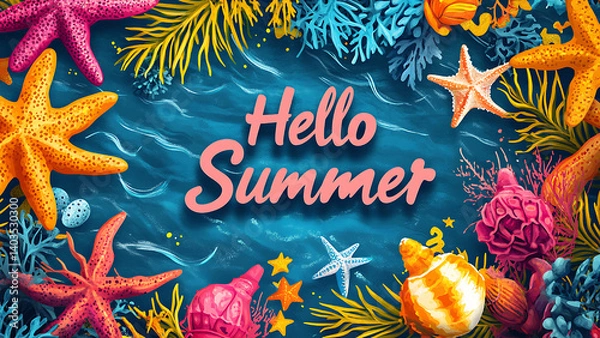 Fototapeta "Hello Summer" in pink cursive letters. An illustration shows colorful coral, shells, and starfish against a turquoise water background.