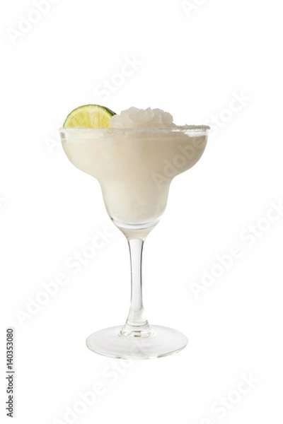 Obraz Classic margarita cocktail with lime slice and salty rim. Isolated on white background with clipping path