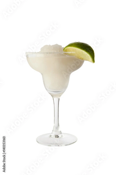 Obraz Classic margarita cocktail with lime slice and salty rim. Isolated on white background with clipping path