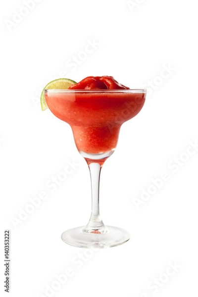 Obraz Strawberry margarita isolated on a white background garnish with salt and a lobule green lime with clipping path