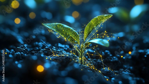 Fototapeta A plant with luminous leaves grows from soil connected by bright nodes. The visual effect implies growth and connection to a network.
