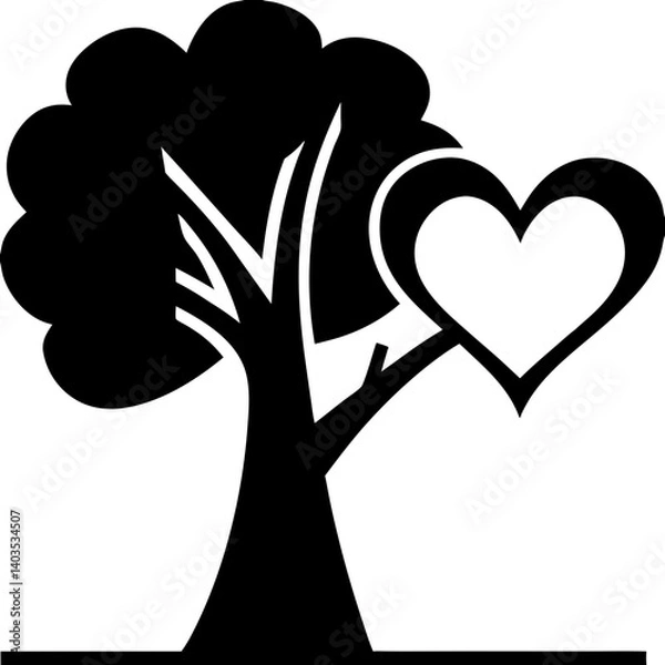 Fototapeta A strong tree nurturing a heart, symbolizing love's growth and enduring strength, depicted in bold black and white.